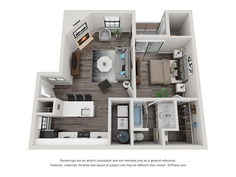 Floor plan for 1 bed, 1 bath, 565 sqft